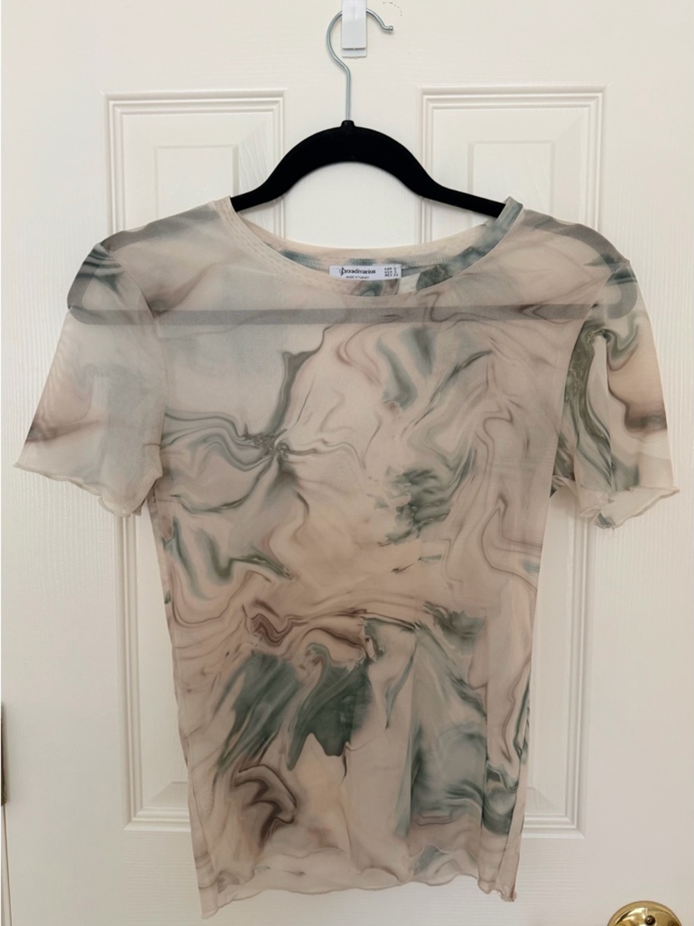 Stradivarius Sheer Marble Print Short Sleeve Top - Cream & Green